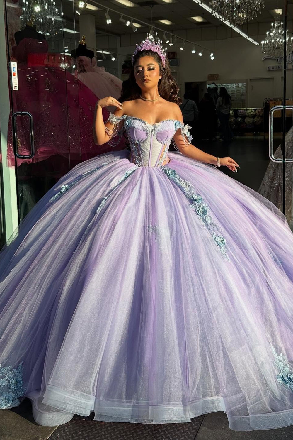 Lilac 3D Floral Sparkly Tulle Appiques Corset Off the Shoulder Quinceanera Dress