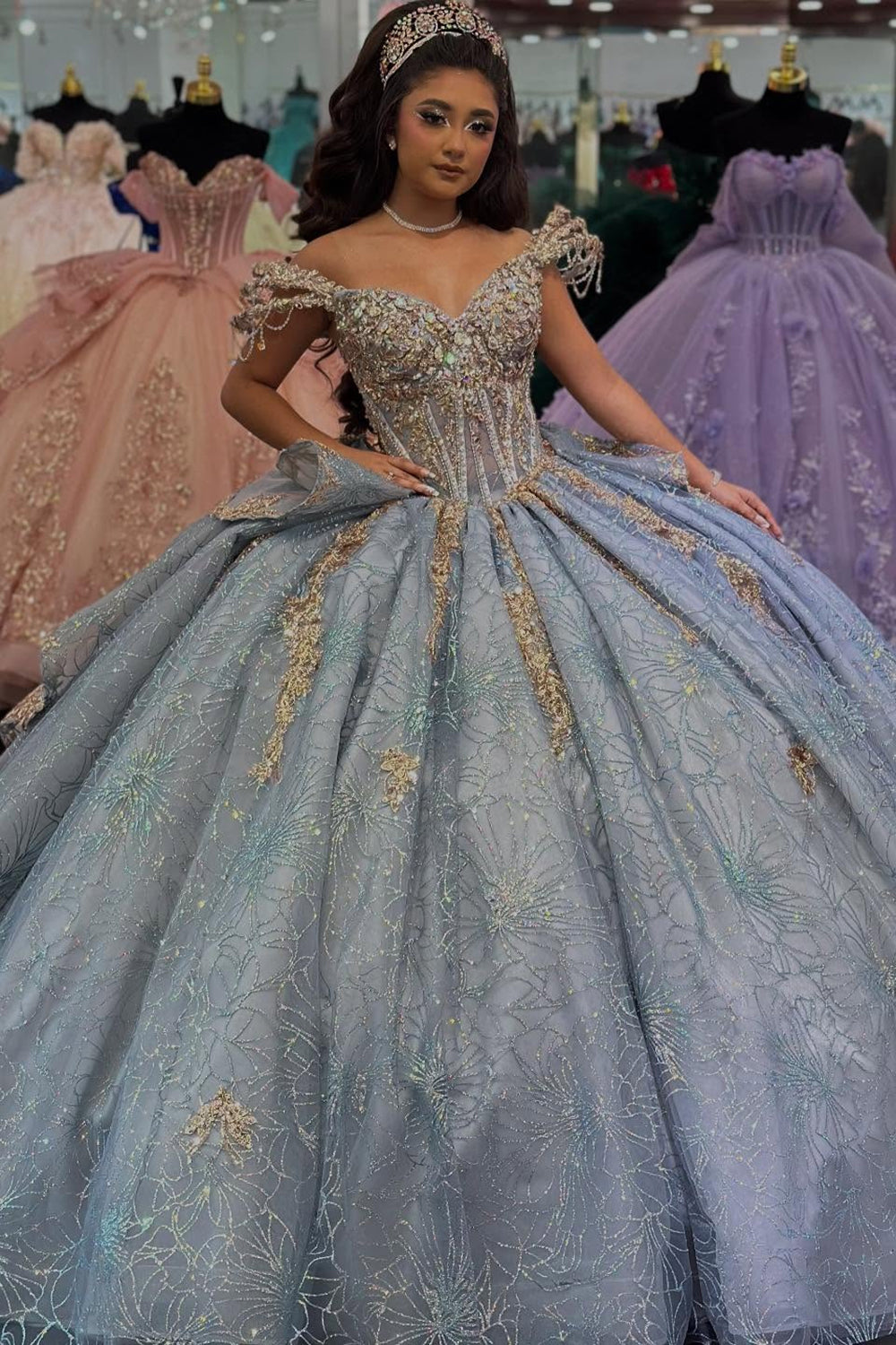 Sparkly Appiques Grey Blue Corset Off the Shoulder Quinceanera Dress