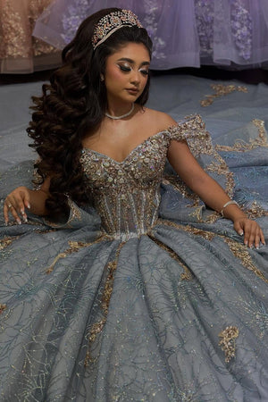 Sparkly Appiques Grey Blue Corset Off the Shoulder Quinceanera Dress