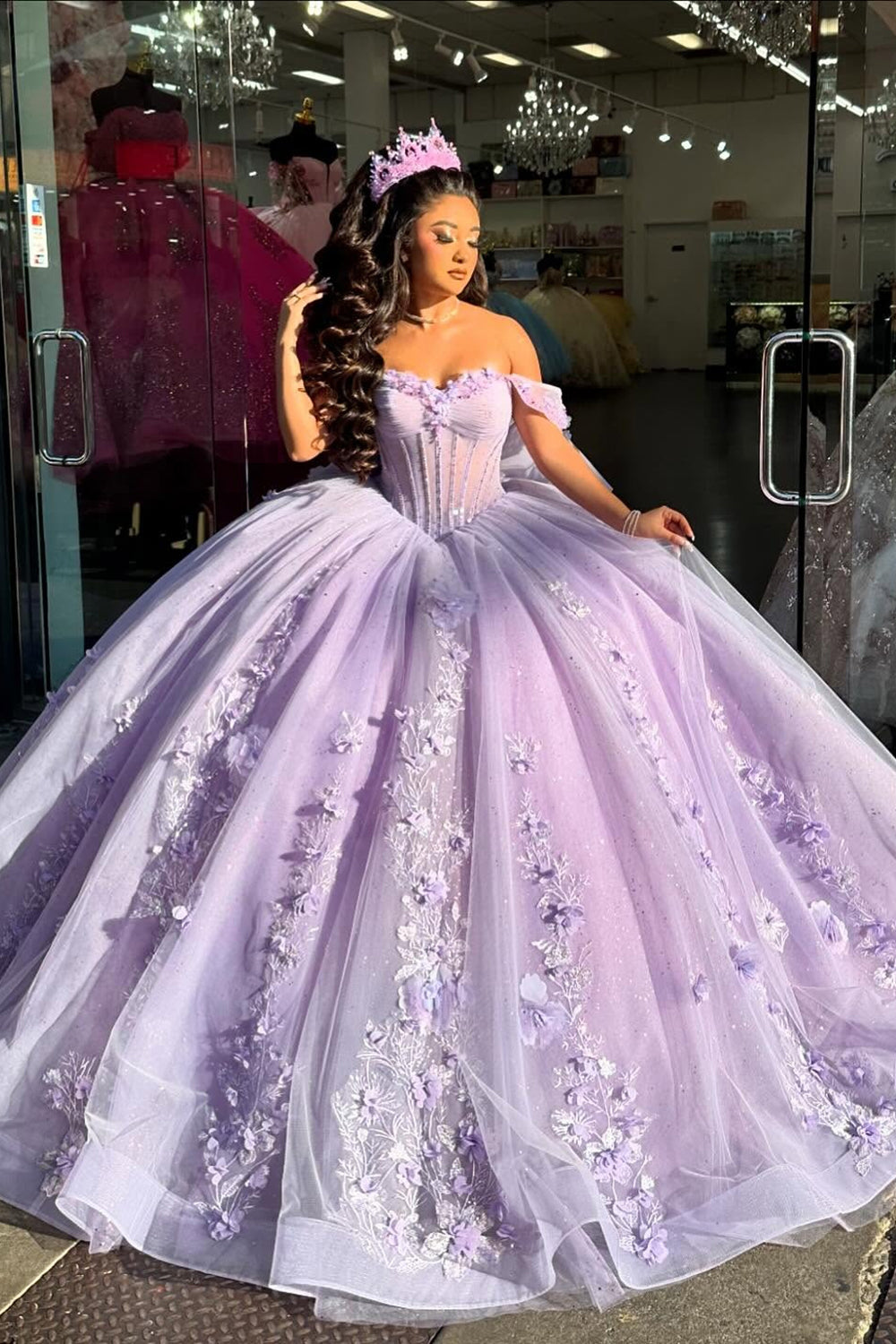 Lilac Corset Sparkly Tulle Appiques Off the Shoulder Quinceanera Dress