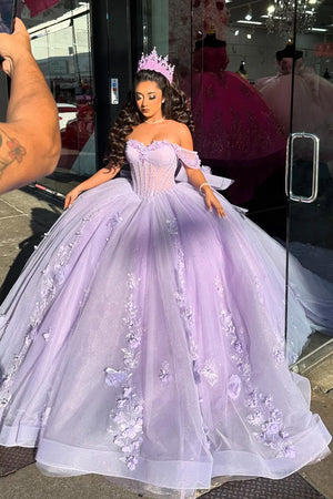 Lilac Corset Sparkly Tulle Appiques Off the Shoulder Quinceanera Dress