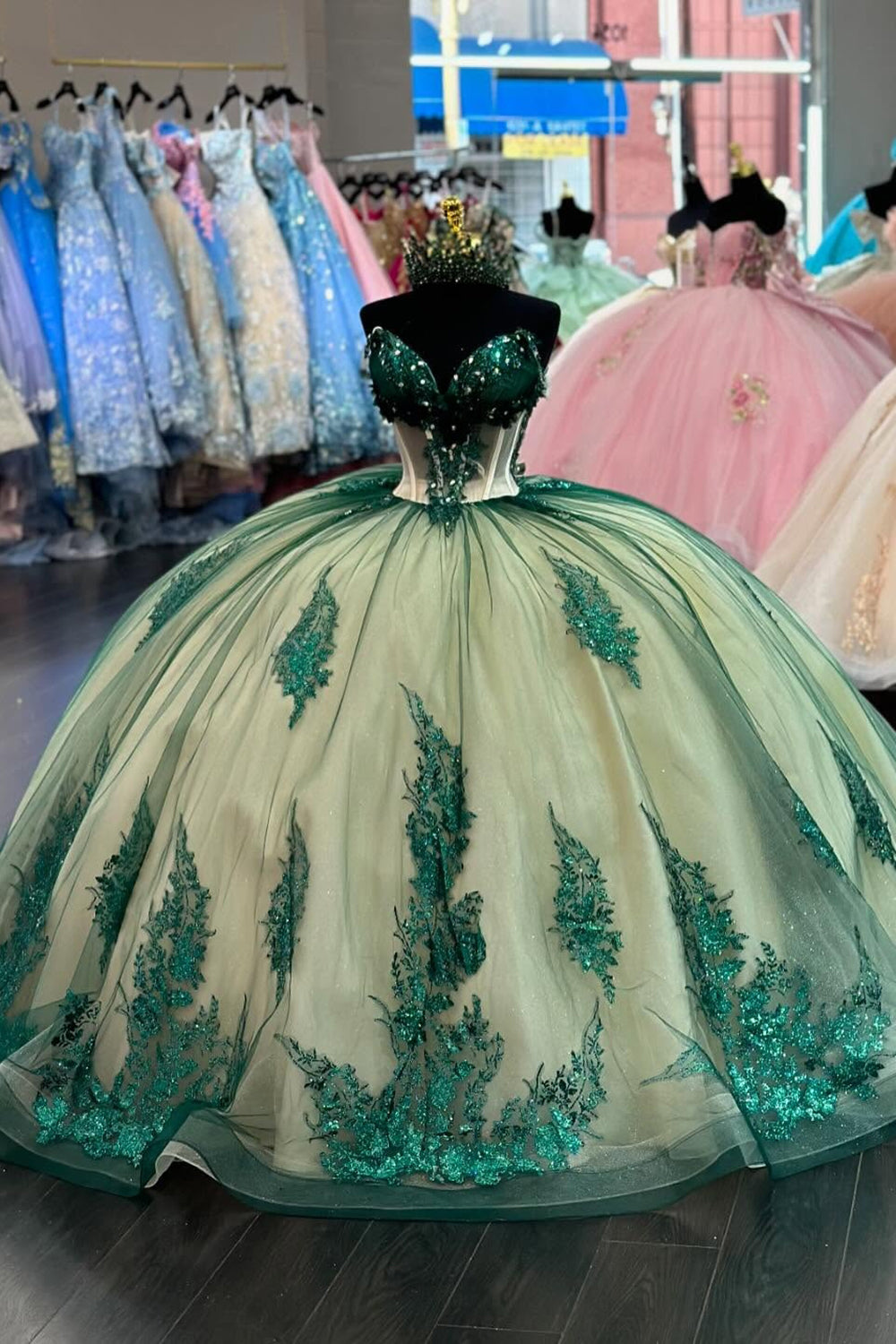 Sparkly Appiques Green Corset Beads Off the Shoulder Quinceanera Dress