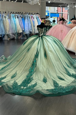 Glitter Green Appliques Corset Beads Off the Shoulder Quinceanera Dress