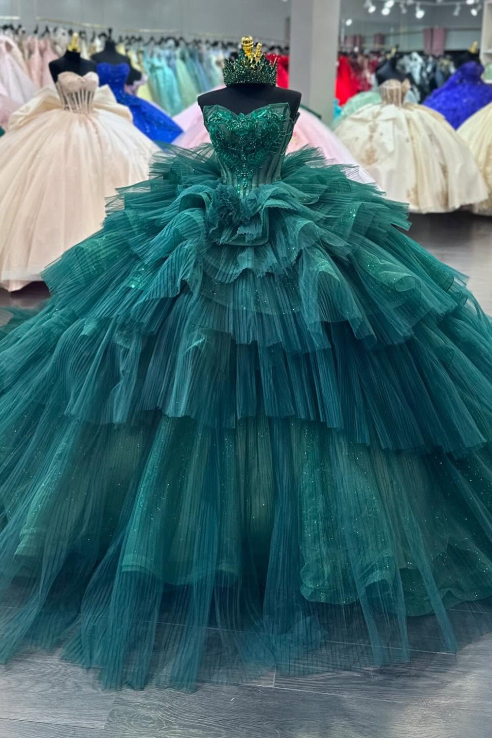 Tulle Tiered Dark Green Sparkly Appliques Corset Strapless Quinceanera Dress