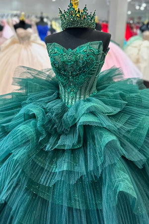 Tulle Tiered Dark Green Sparkly Appliques Corset Strapless Quinceanera Dress