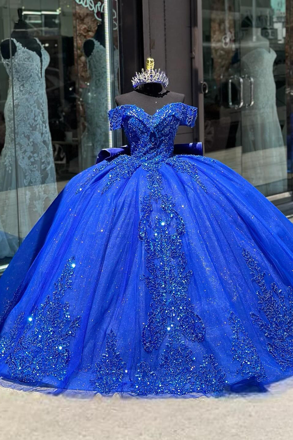 Sparkly Royal Blue Appliques Beads Corset Off the Shoulder Quinceanera Dress