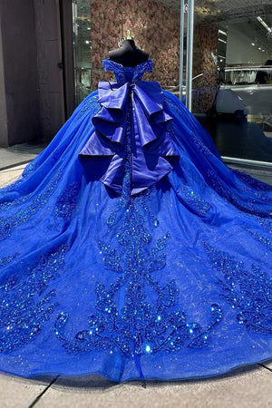 Sparkly Royal Blue Appliques Beads Corset Off the Shoulder Quinceanera Dress