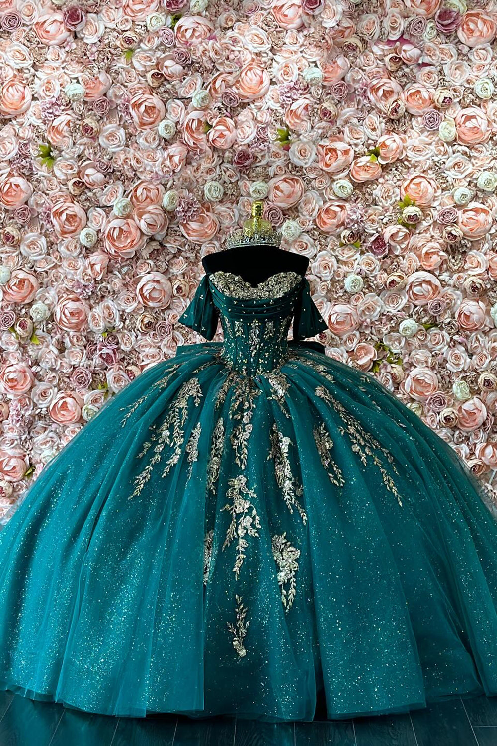 Sparkly Dark Green Appliques Sequins Corset Off the Shoulder Quinceanera Dress