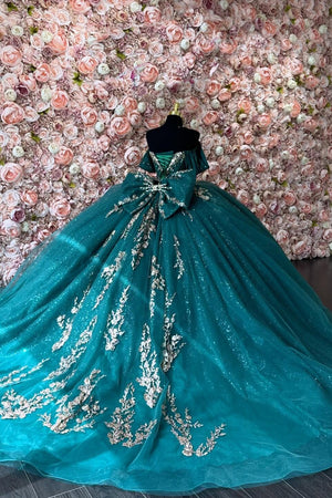 Sparkly Dark Green Appliques Sequins Corset Off the Shoulder Quinceanera Dress