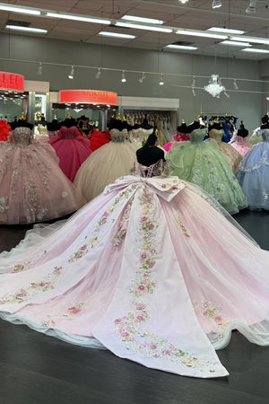 Pink Tulle Appliques Corset Off the Shoulder Quinceanera Dress with Bow