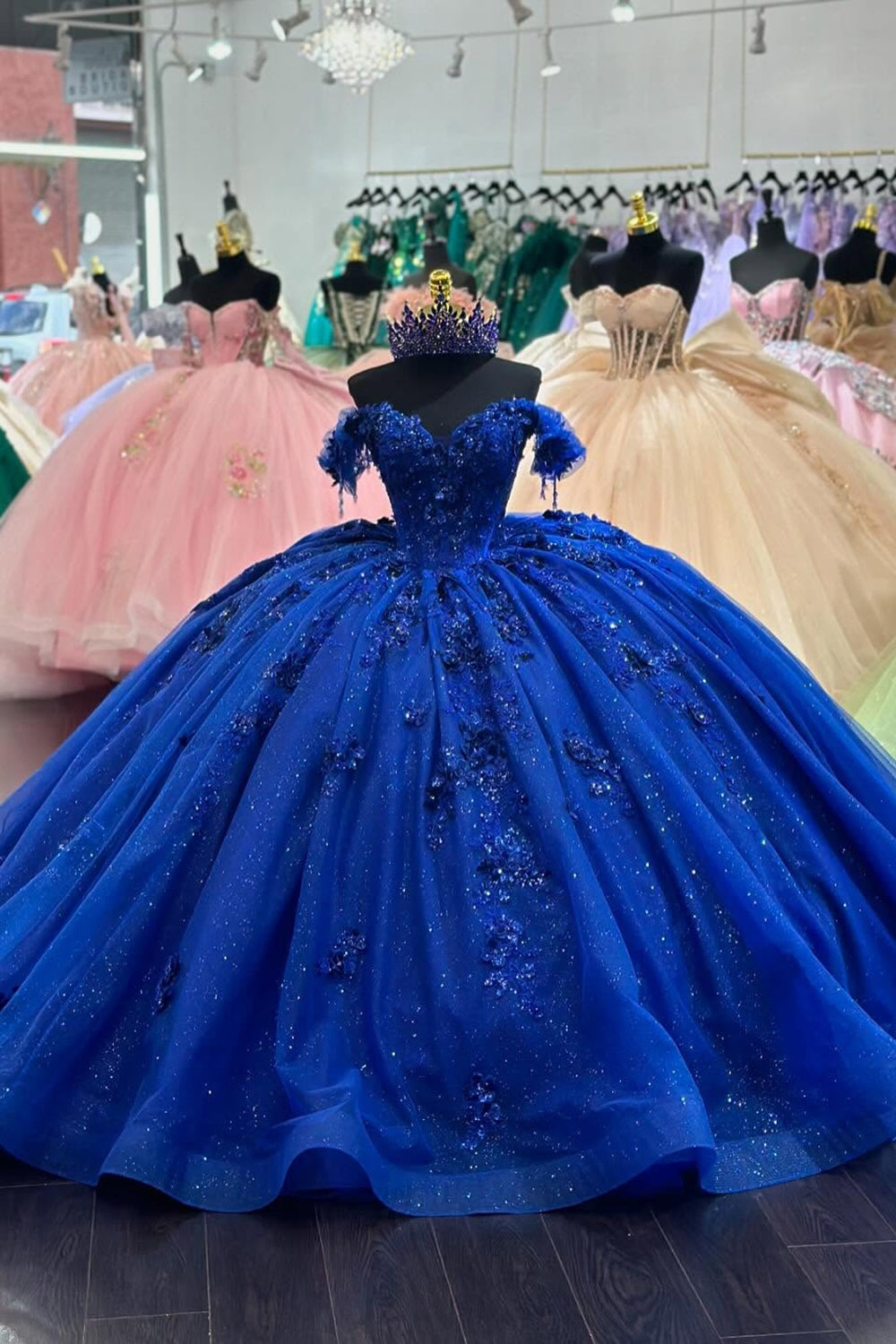 Glitter Royal Blue Tulle Appliques Beads Corset Off the Shoulder Quinceanera Dress