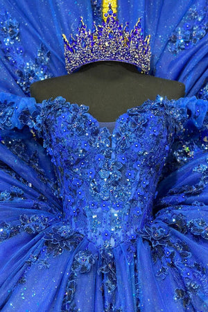 Glitter Royal Blue Tulle Appliques Beads Corset Off the Shoulder Quinceanera Dress