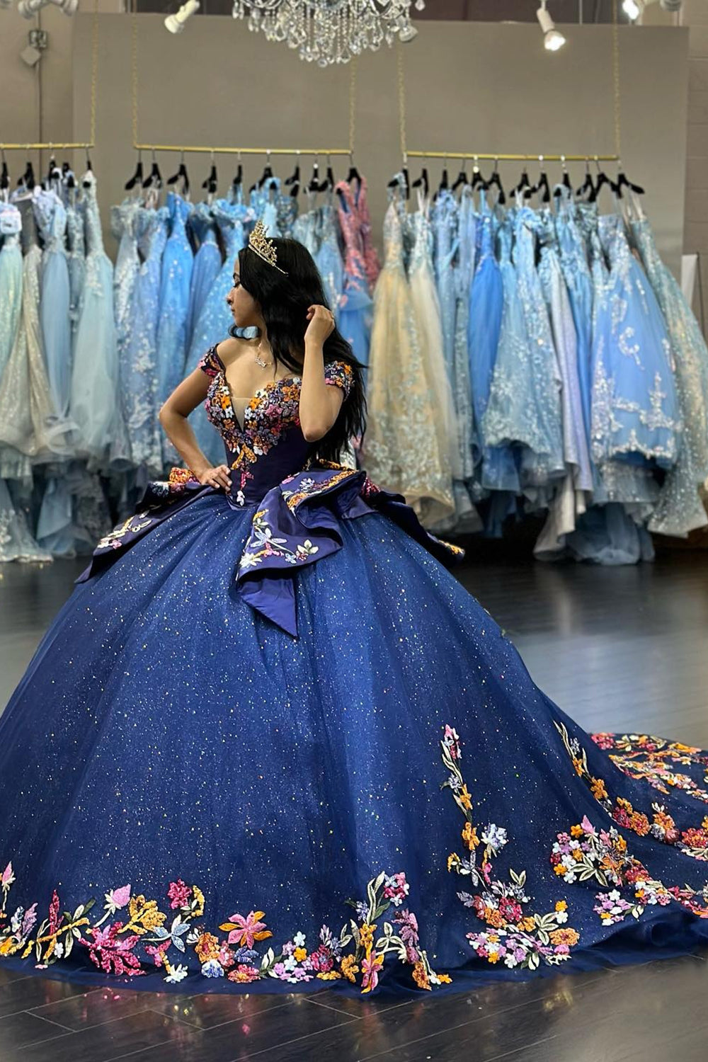 Floral Ball Gown Navy Sparkly Appliques Sequins Off the Shoulder Quinceanera Dress with Bow