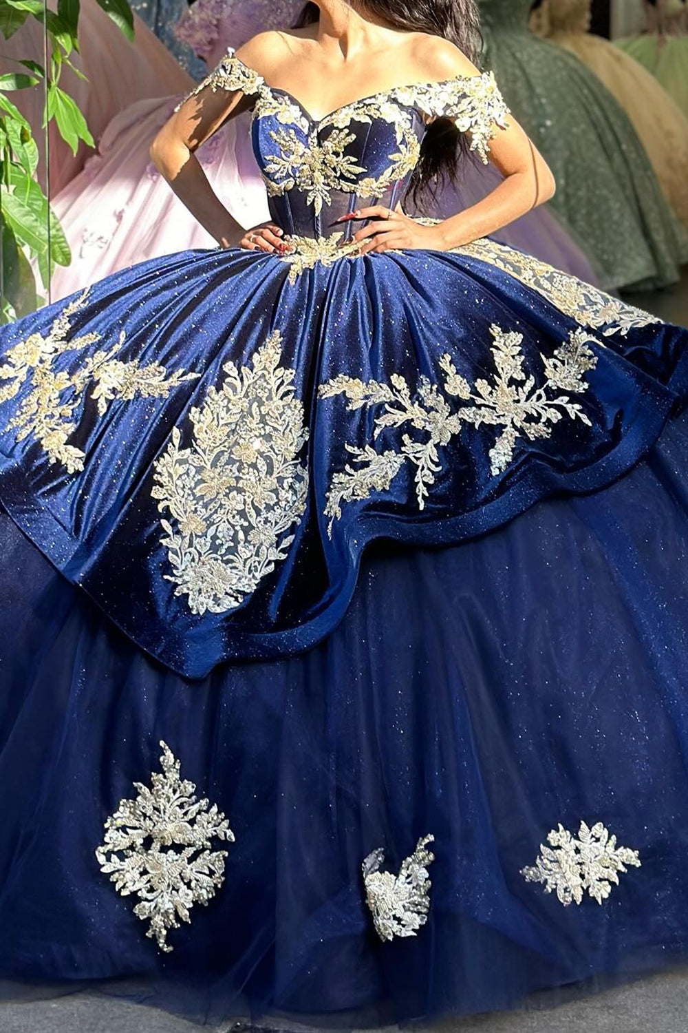 Navy Sparkly Beads Appliques Corset Off the Shoulder Quinceanera Dress