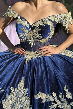 Navy Sparkly Beads Appliques Corset Off the Shoulder Quinceanera Dress