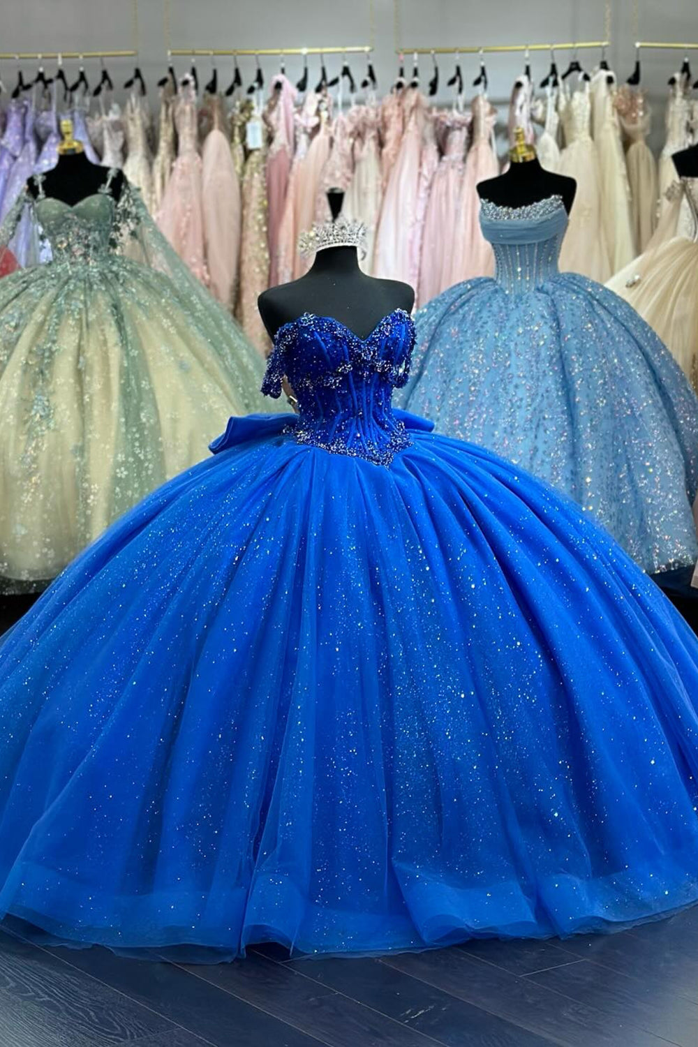 Sparkly Beads Royal Blue Appliques Bow Corset Off the Shoulder Quinceanera Dress