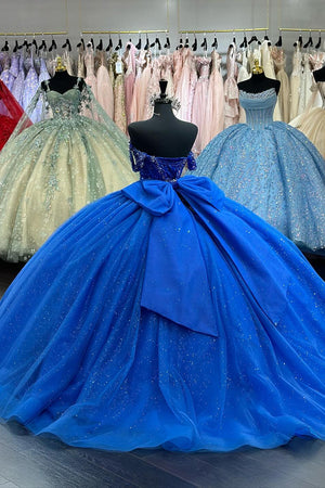 Sparkly Beads Royal Blue Appliques Bow Corset Off the Shoulder Quinceanera Dress