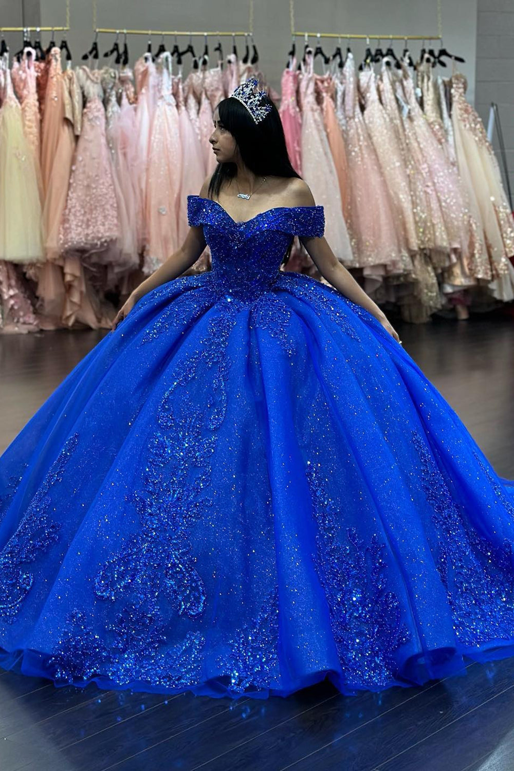 Sparkly Royal Blue Beads Appliques Off the Shoulder Quinceanera Dress