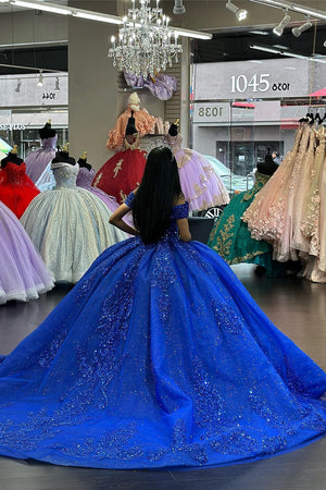 Sparkly Royal Blue Beads Appliques Off the Shoulder Quinceanera Dress