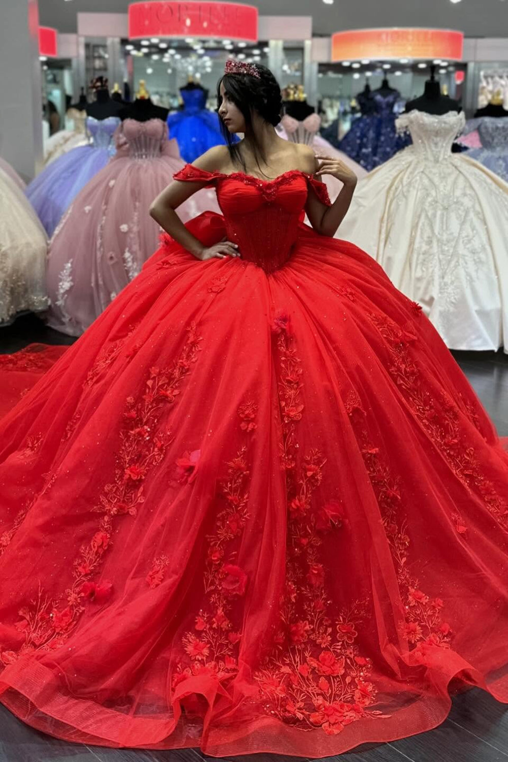 Red Tulle 3D Floral Appliques Corset Off the Shoulder Quinceanera Dress with Bow