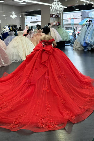 Red Tulle 3D Floral Appliques Corset Off the Shoulder Quinceanera Dress with Bow