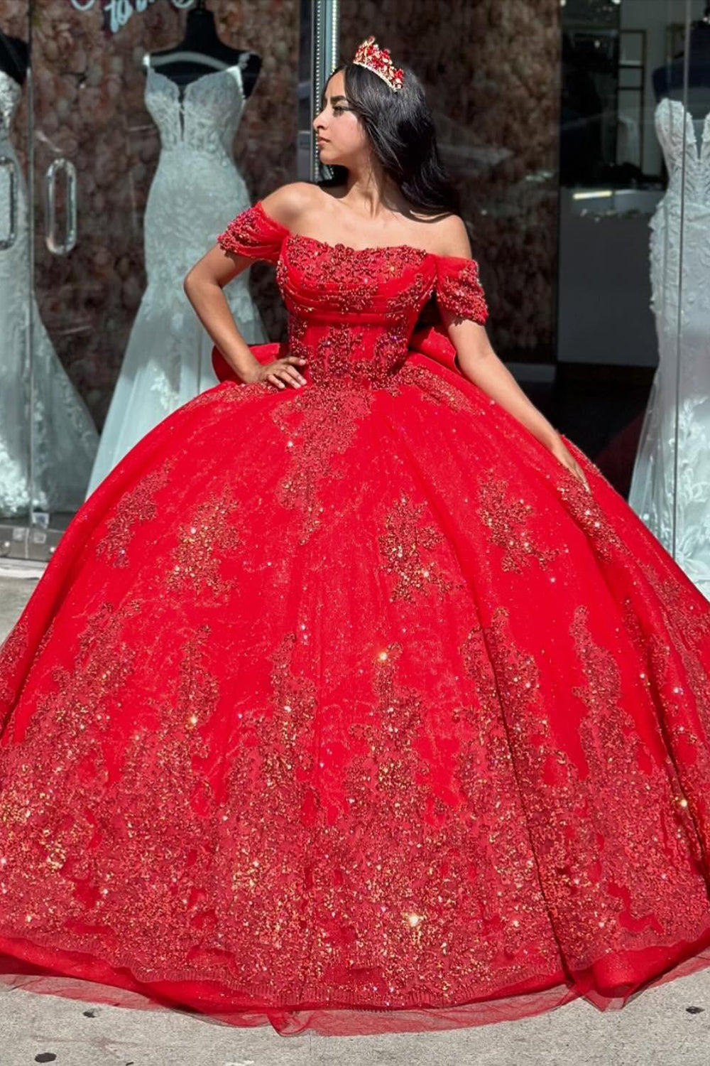 Off the Shoulder Sparkly Appliques Red Corset Quinceanera Dress with Bow