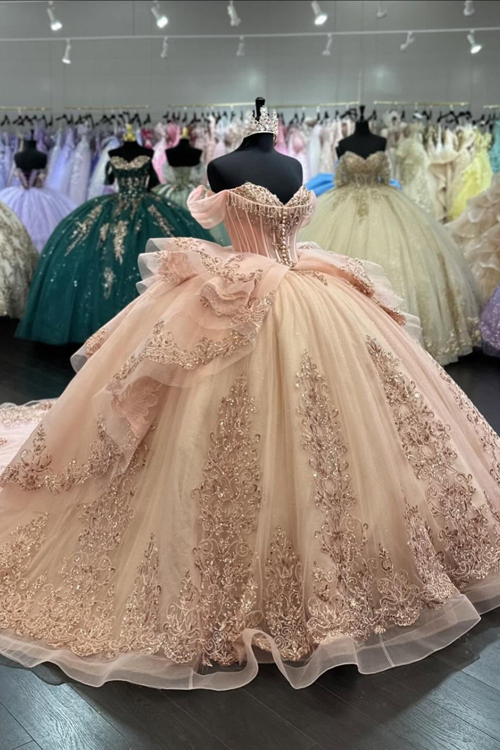 Sparkly Appliques Blush Tulle Off the Shoulder Corset Quinceanera Dress with Bowknot