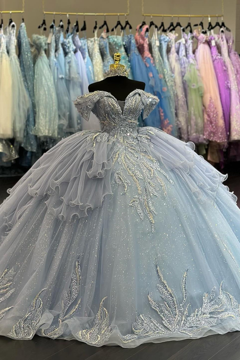 Sparkly Sequins Appliques Light Blue Tulle Off the Shoulder Corset Quinceanera Dress with Ruffles