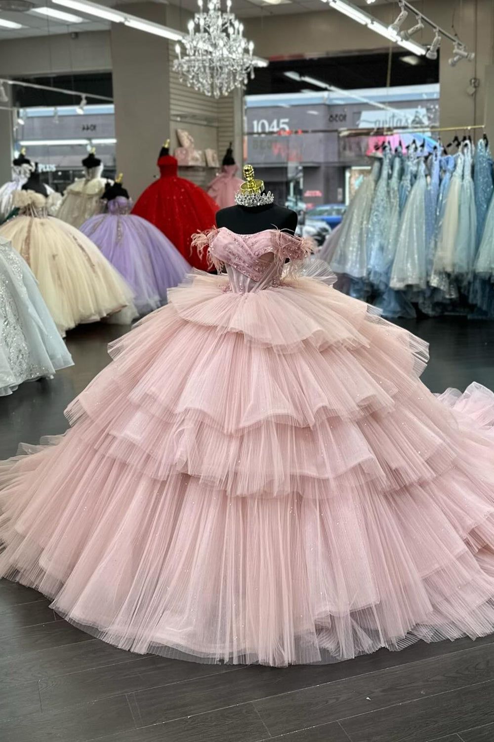 Blush Tiered Sequins Appliques Tulle Off the Shoulder Corset Quinceanera Dress