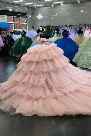 Blush Tiered Sequins Appliques Tulle Off the Shoulder Corset Quinceanera Dress