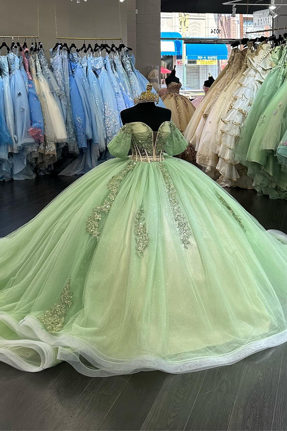 Sparkly Sequins Green Tulle Appliques Corset Off the Shoulder Quinceanera Dress