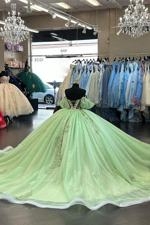 Sparkly Sequins Green Tulle Appliques Corset Off the Shoulder Quinceanera Dress