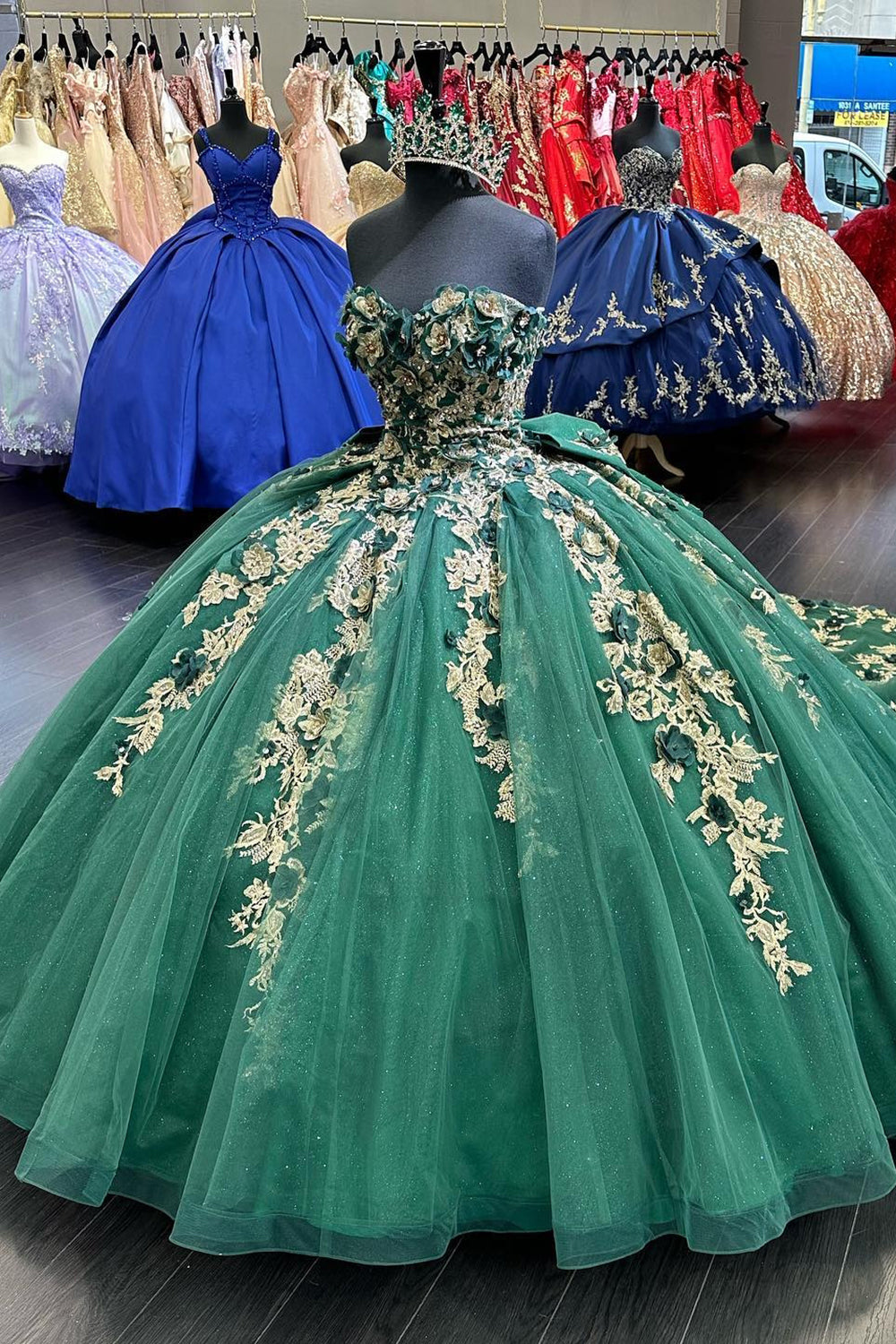 Dark Green Tulle Appliques Corset Strapless Quinceanera Dress with Bowknot