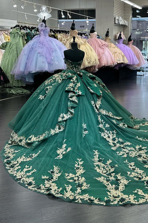 Dark Green Tulle Appliques Corset Strapless Quinceanera Dress with Bowknot