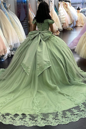 Green Off the Shoulder Appliques Quinceanera Dress with Bowknot