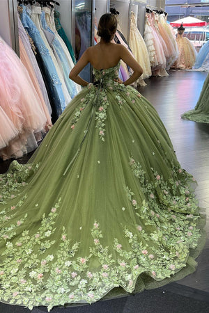 Sparkly Beaded Green Strapless Floral Appliques Quinceanera Dress