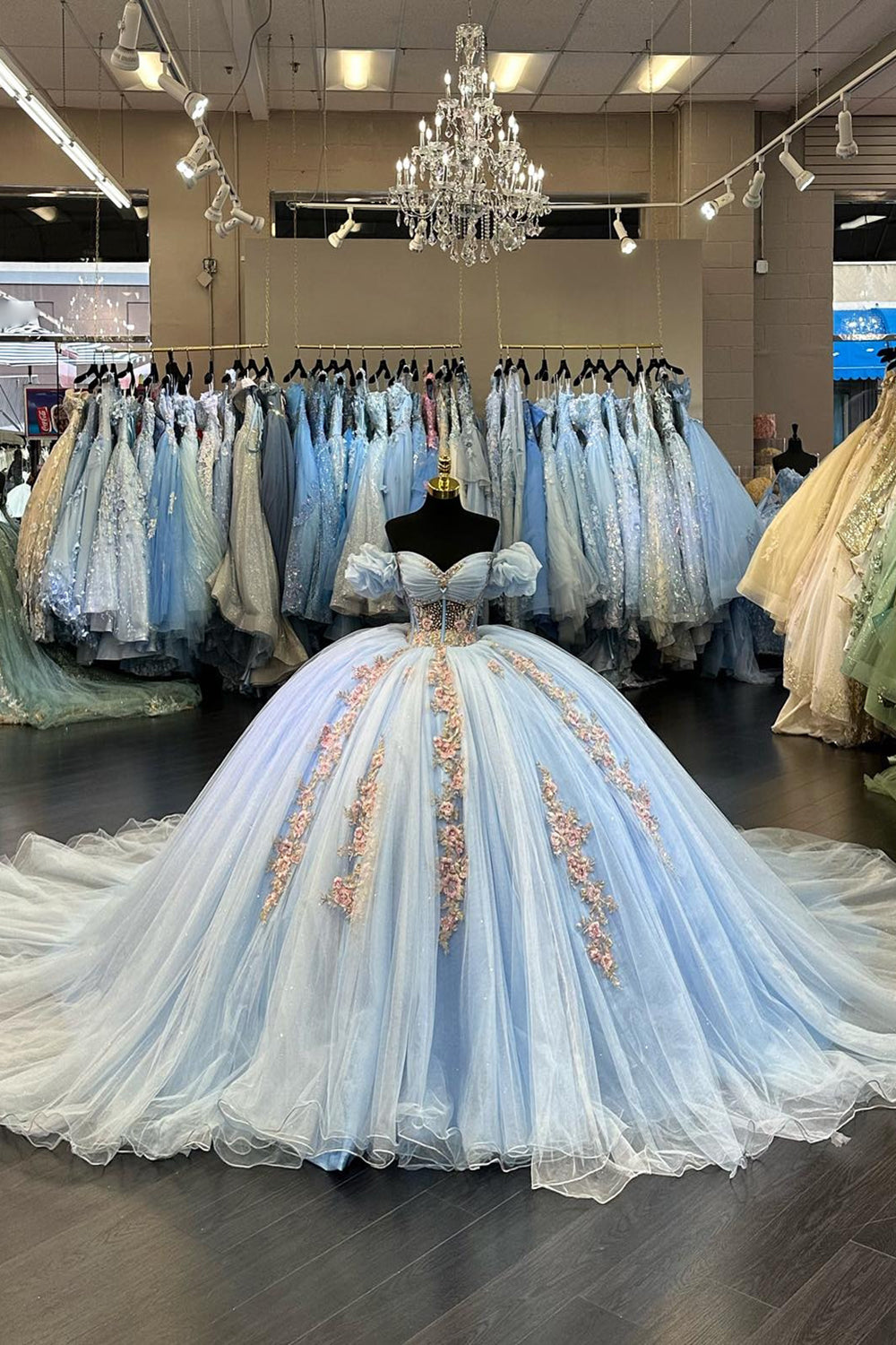 Light Blue Foral Appliques Off the Shoulder Beaded Corset Tulle Quinceanera Dress