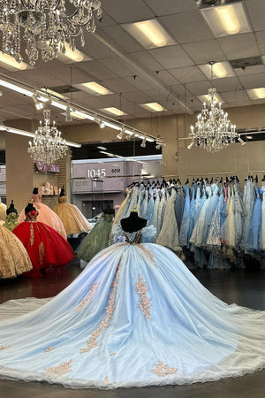 Light Blue Foral Appliques Off the Shoulder Beaded Corset Tulle Quinceanera Dress