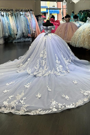 Grey Blue Corset Appliques Off the Shoulder Tulle Quinceanera Dress