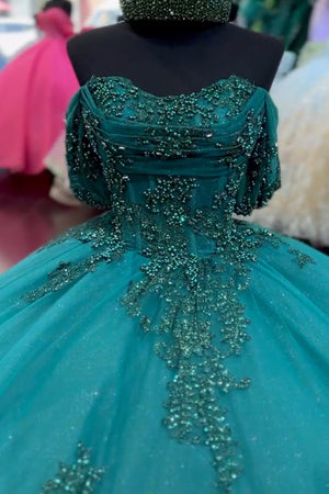 Dark Green Sparkly Appliques Tulle Corset Off the Shoulder Quinceanera Dress