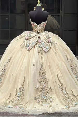 Golden Tulle 3D Floral Appliques Strapless Quinceanera Dress with Bowknot