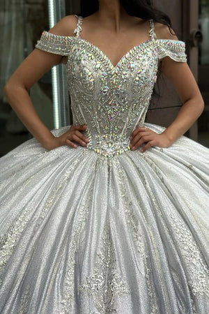 Silver Tulle Sparkly Beaded Appliques Cold Shoulder Corset Quinceanera Dress