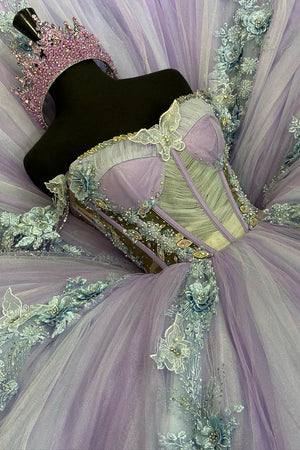 Lilac Tulle Corset Beaded Sparkly Appliques Off the Shoulder Quinceanera Dress