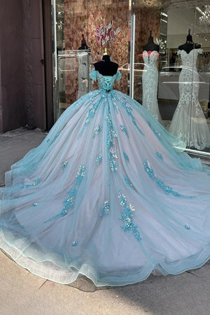 Floral Off the Shoulder Sparkly Appliques Green Tulle Corset Quinceanera Dress