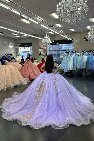 Sparkly Lilac Corset Off the Shoulder Appliques Tulle Quinceanera Dress