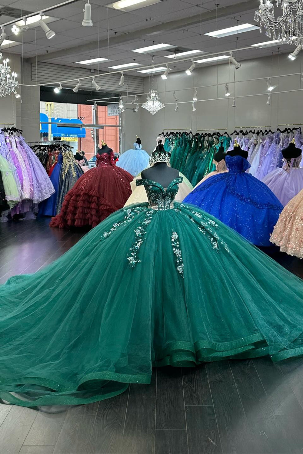 Dark Green Tulle Sparkly Appliques Corset Off the Shoulder Quinceanera Dress