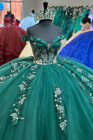 Dark Green Tulle Sparkly Appliques Corset Off the Shoulder Quinceanera Dress