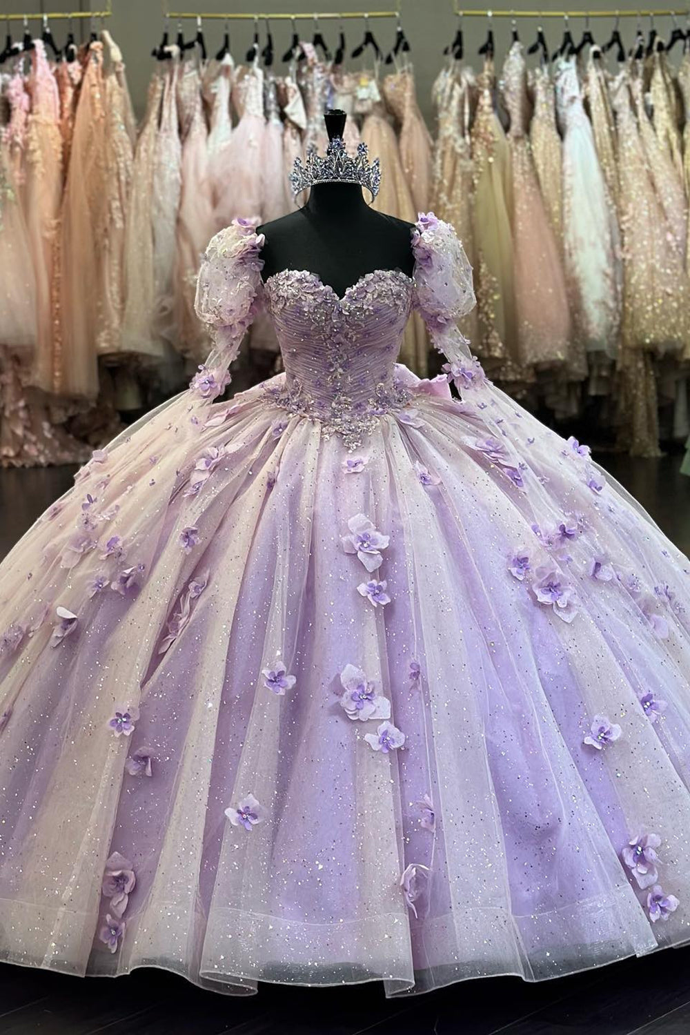 Sparkly Lilac 3D Floral Appliques Off the Shoulder Corset Quinceanera Dress