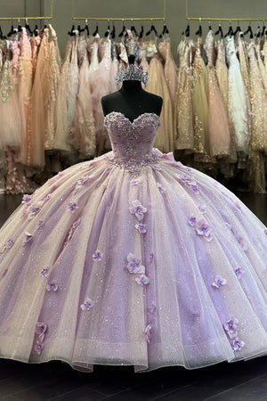 Sparkly Lilac 3D Floral Appliques Off the Shoulder Corset Quinceanera Dress