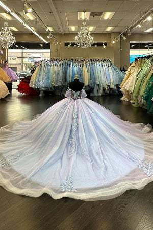 Sparkly Lilac Tulle Appliques Off the Shoulder Corset Quinceanera Dress